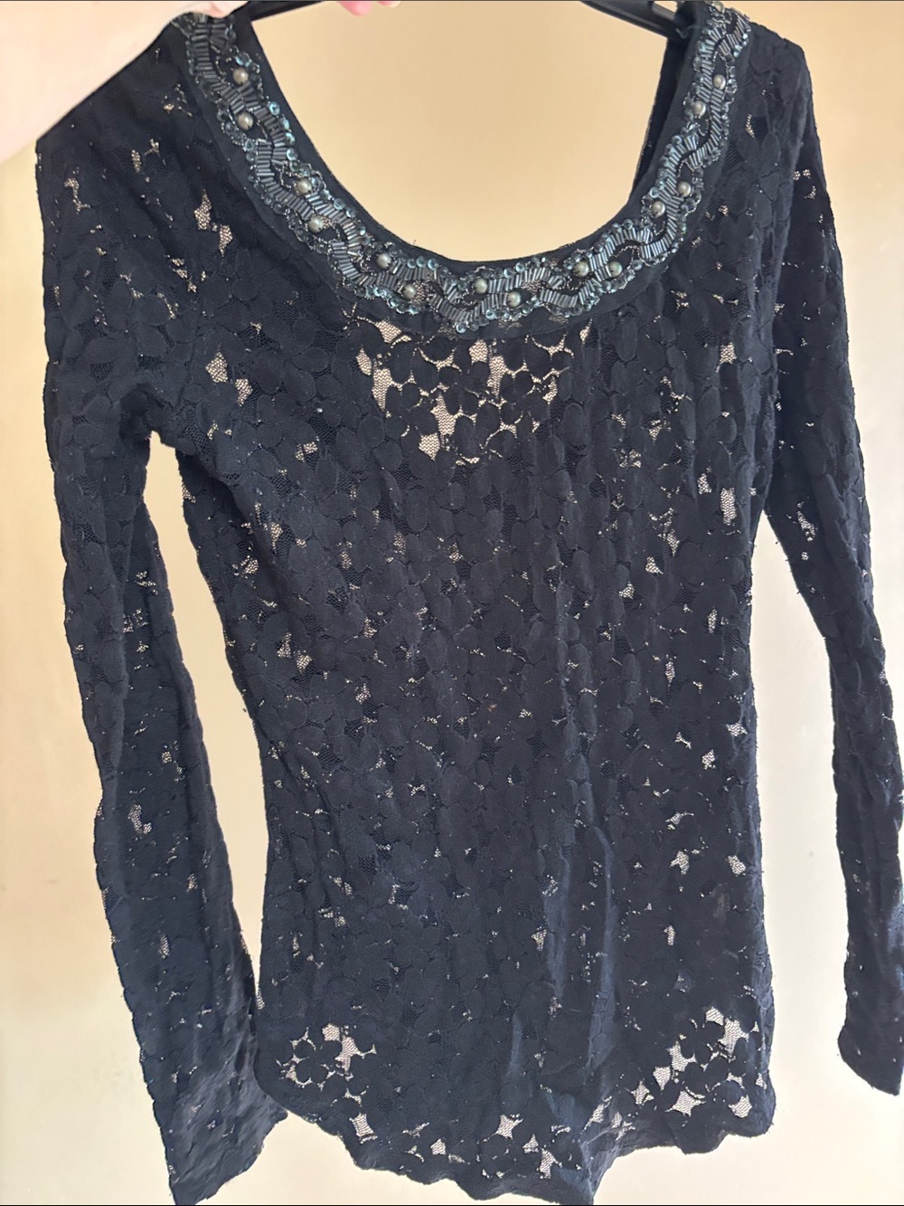 Free People Black Lace Long Sleeve Scoop Neck Top with Beaded Trim